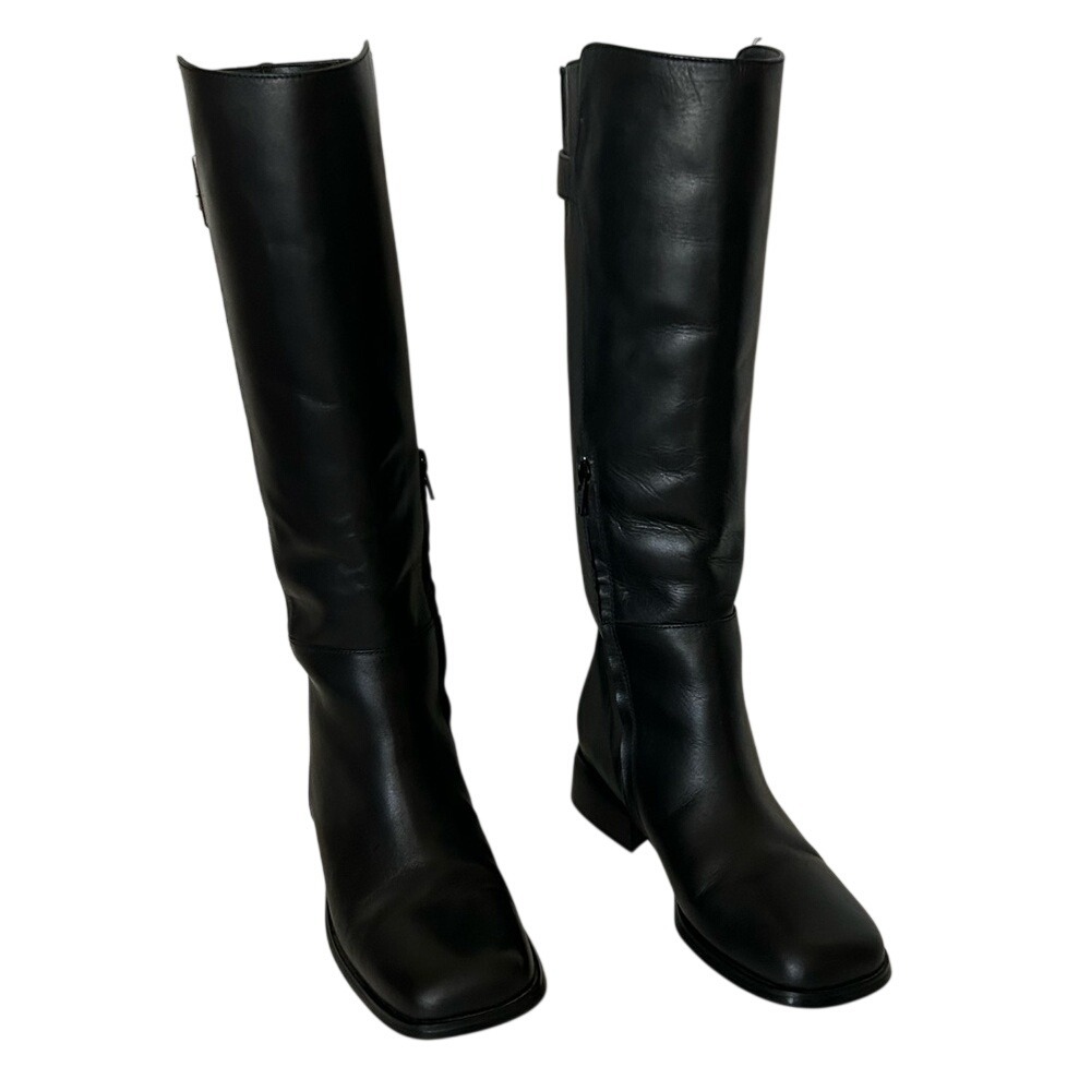 Marquise Black Leather Tall Square Toe Riding Moto Boots Size 7